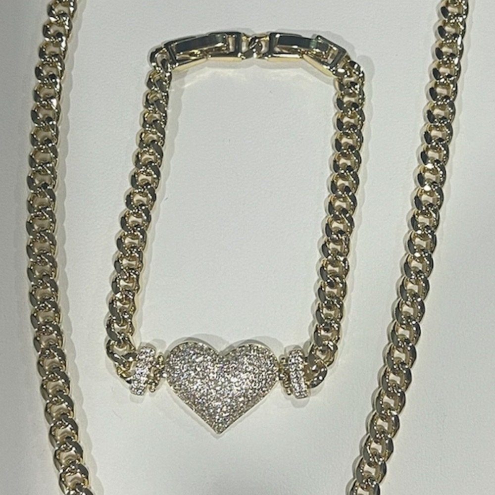 Gold Heart Bracelet and Necklace Set
